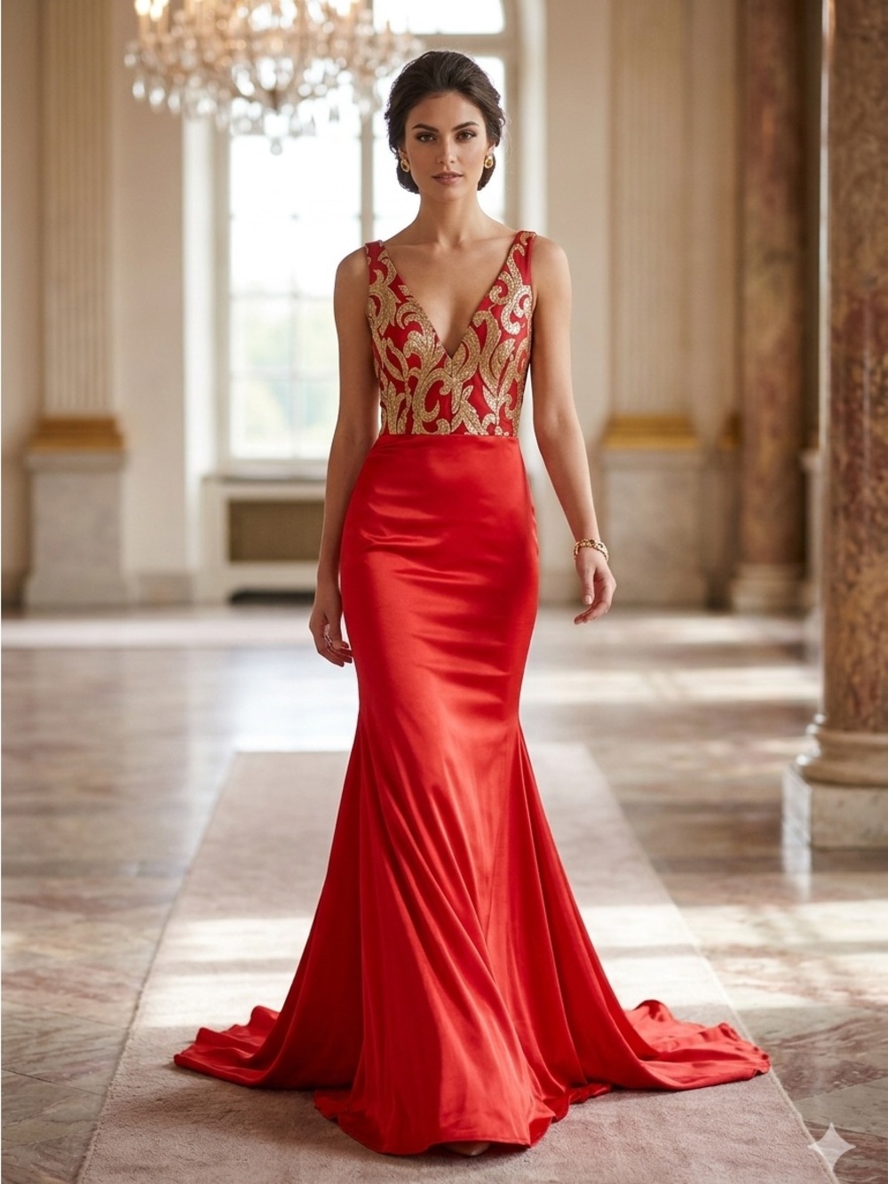 Red Satin Prom Gown with Gold Embellished Bodice